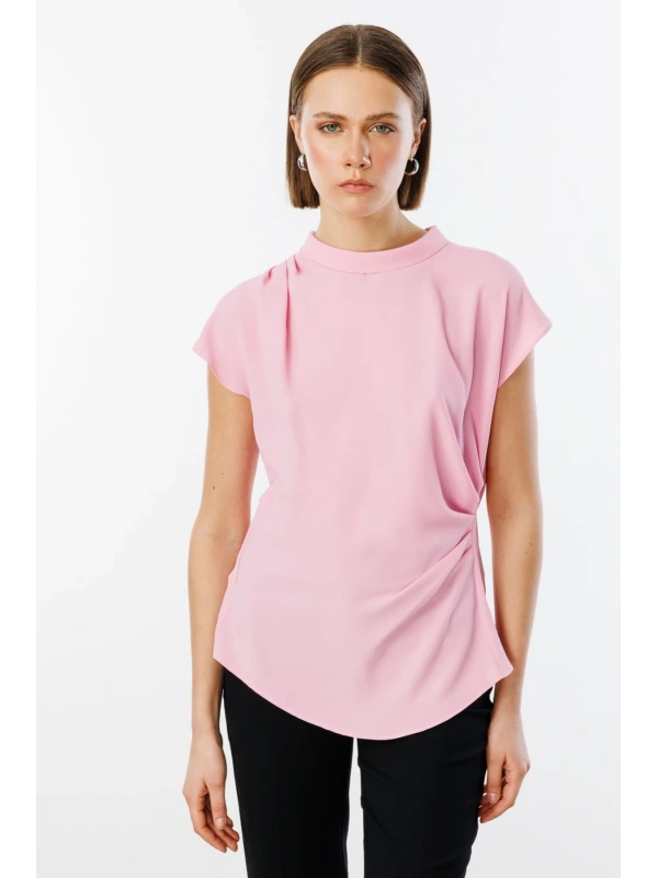 Ekol Kadın Belden Degajeli Pembe Bluz 03038