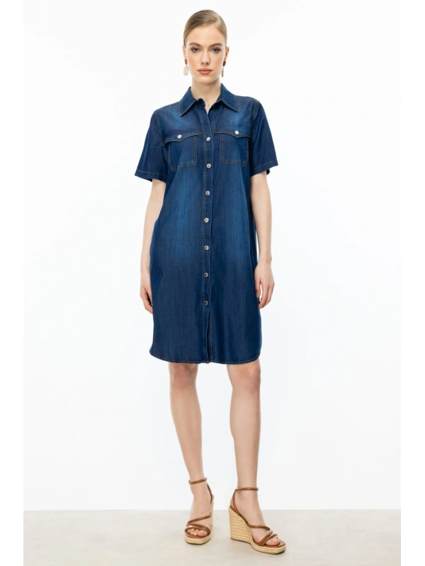 Ekol Kadın Çıt Çıtlı İndigo Kot Elbise 05022