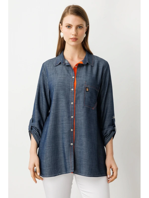 Ekol Kadın Düğmeli Cepli İndigo Gömlek 03962