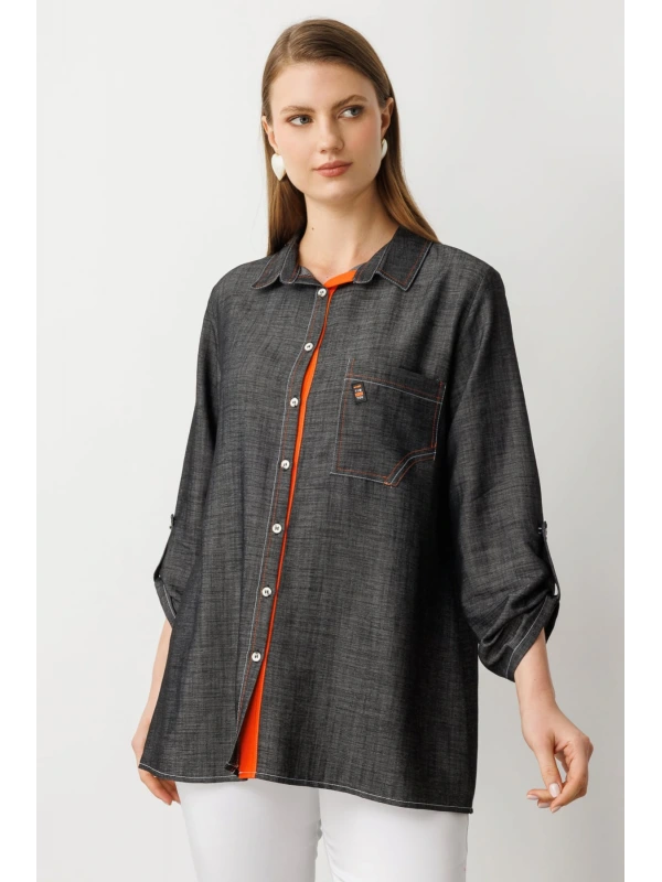 Ekol Kadın Düğmeli Cepli Siyah Gömlek 03962