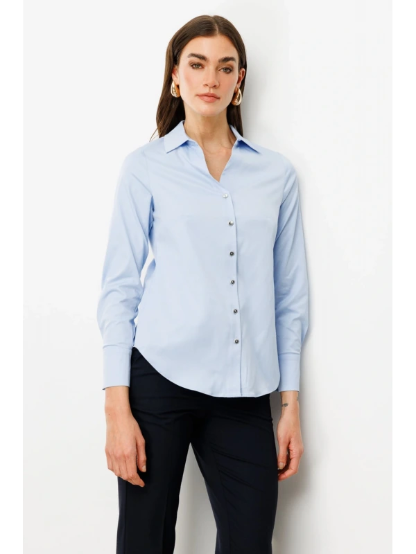 Ekol Kadın Düğmeli Mavi Poplin Gömlek 03006