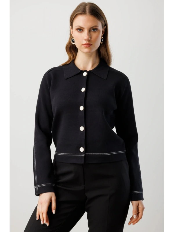 Ekol Kadın Düğmeli Triko Siyah Hırka 60905