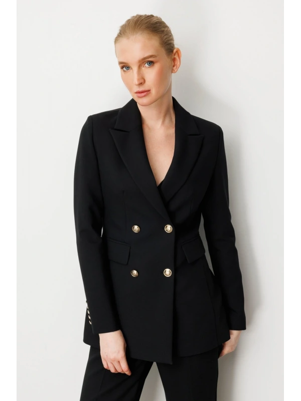 Ekol Kadın Gold Düğmeli Siyah Ceket 05025