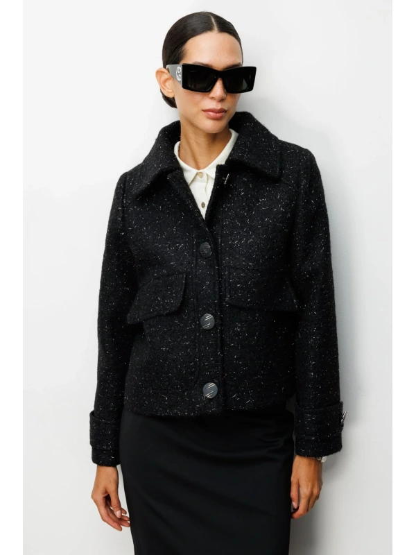 Ekol Kadın Kapak Cepli Siyah Manto 06089