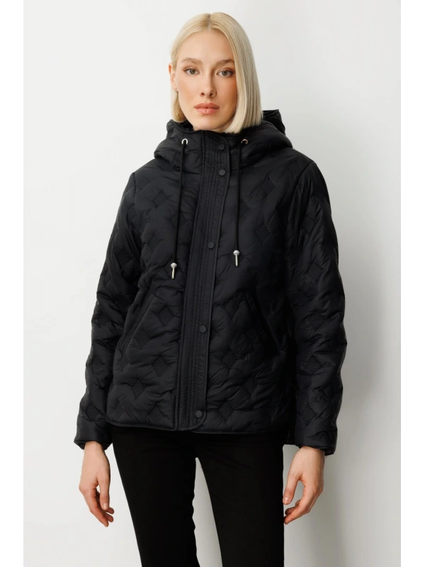 Ekol Kadın Kapüşonlu Siyah Şişme Manto 06601