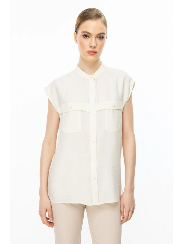 Ekol Kadın Kolsuz Ön Düğmeli Ekru Bluz 03022