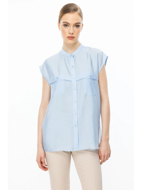 Ekol Kadın Kolsuz Ön Düğmeli Mavi Bluz 03022