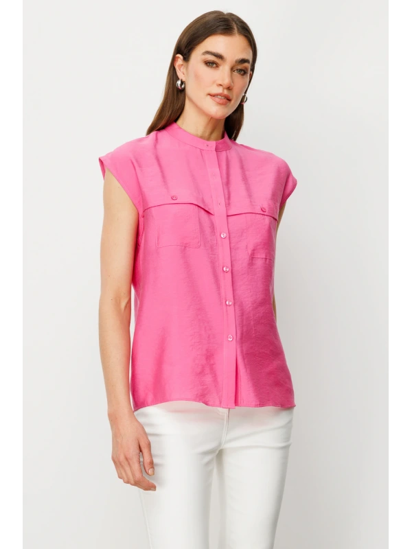 Ekol Kadın Kolsuz Ön Düğmeli Pembe Bluz 03022