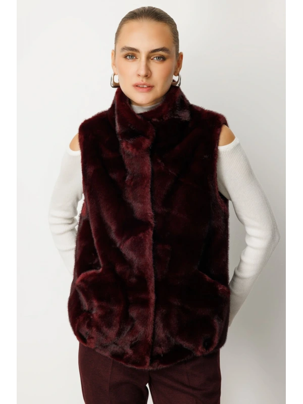 Ekol Kadın Kürklü Bordo Yelek 08905