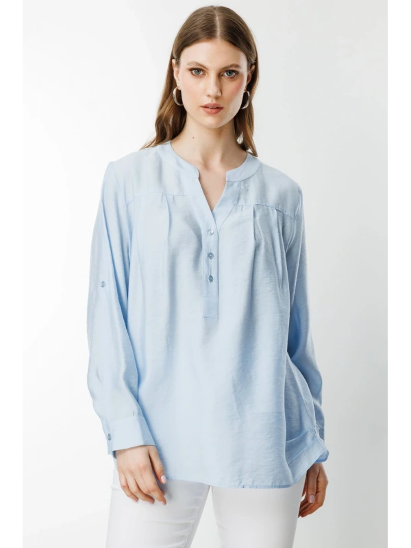 Ekol Kadın Önü Düğmeli Hakim Yaka Mavi Bluz 03518