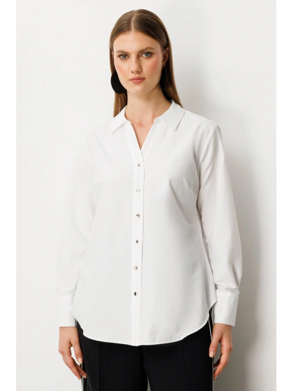 Ekol Kadın Önü Düğmeli Polo Yaka Ekru Gömlek 03549