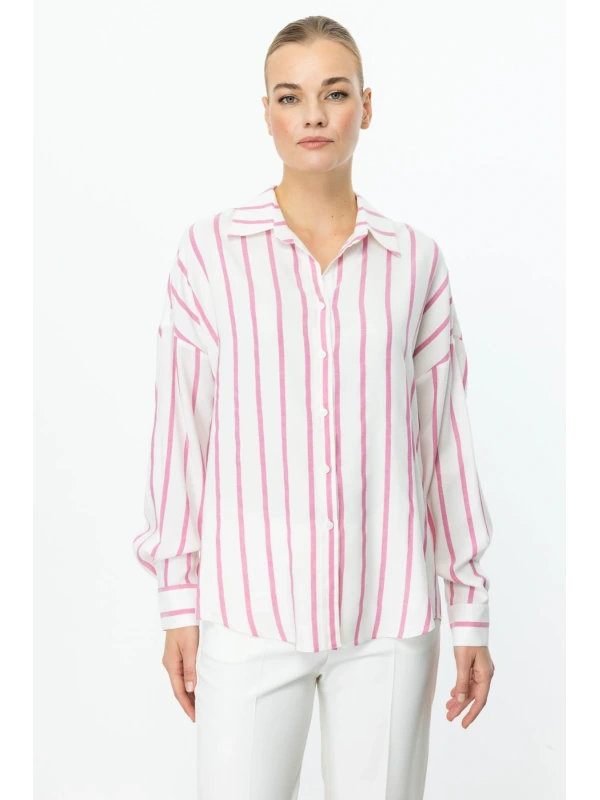 Ekol Kadın Pembe Çizgili Gömlek 03110