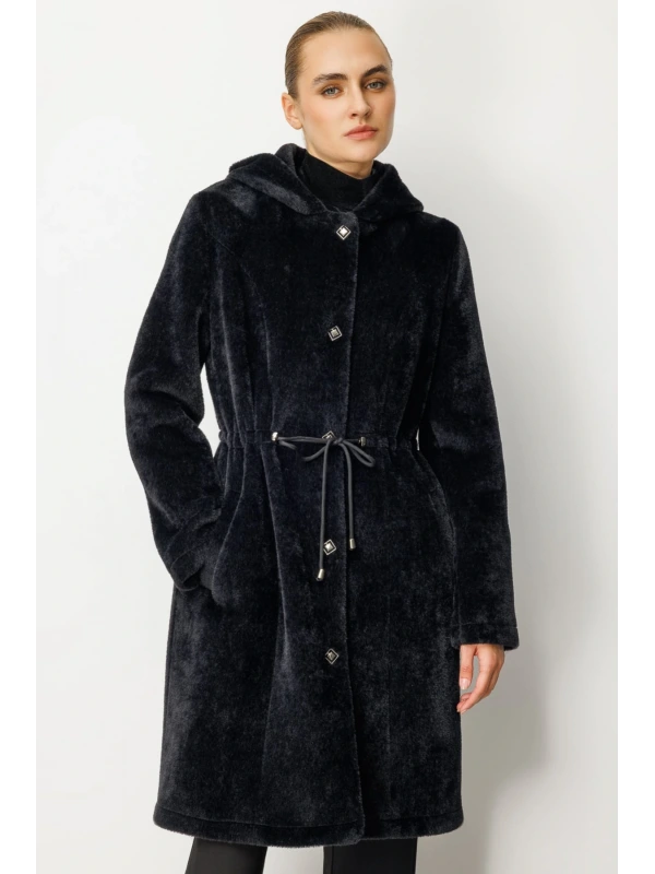Ekol Kadın Siyah Kürklü Manto 06077
