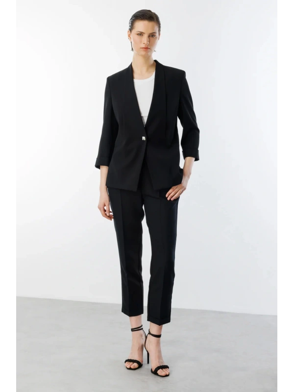 Ekol Kadın Tek Düğmeli Siyah Blazer Ceket 04128