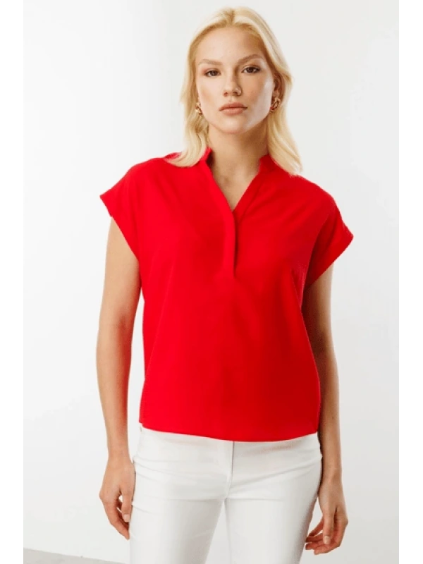 Ekol Kadın V Yaka Kırmızı Bluz 03044
