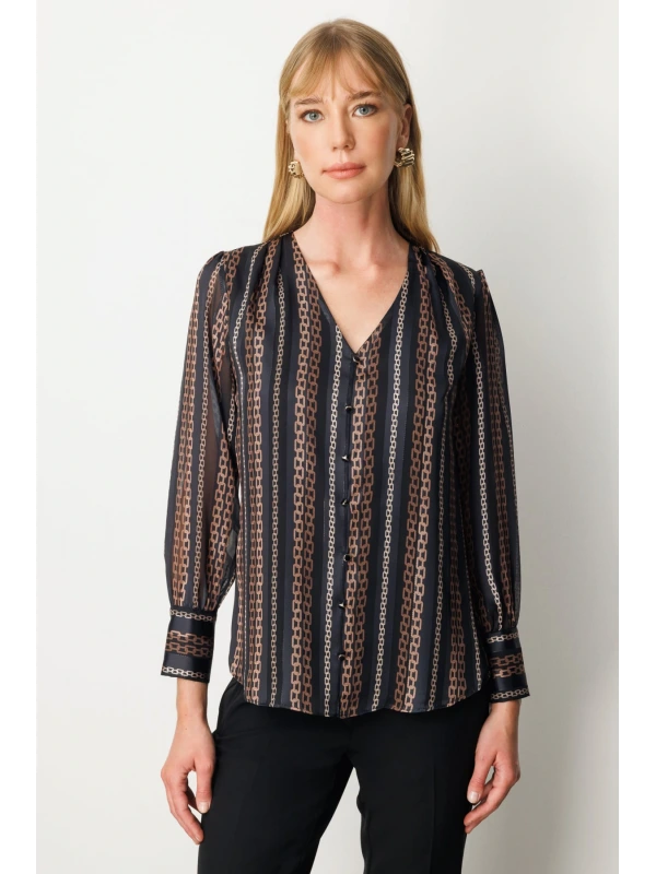 Ekol Kadın Zincir Desenli Taba Bluz 03063