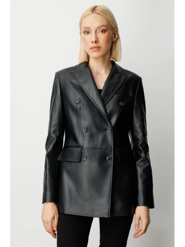 Ekol Kapak Cepli Kadın Siyah Deri Ceket 05081