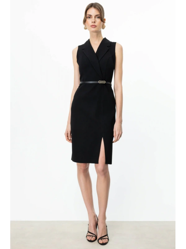 Ekol Kemerli Kruvaze Yaka Siyah Kadın Elbise 05464