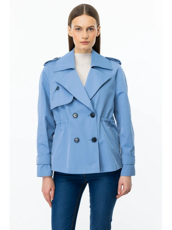 Ekol Kısa Boy Kadın Mavi Trençkot 07006