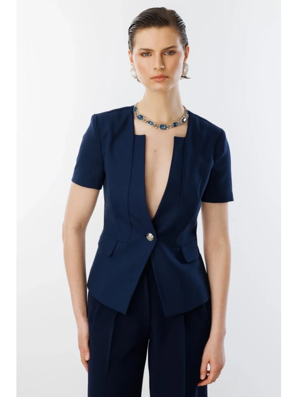 Ekol Kısa Kol Tek Düğme Kadın Lacivert Ceket 04126