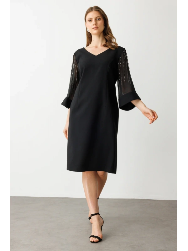 Ekol Büyük Beden Kol Tül Zımba Detaylı Siyah Kadın Elbise 05962