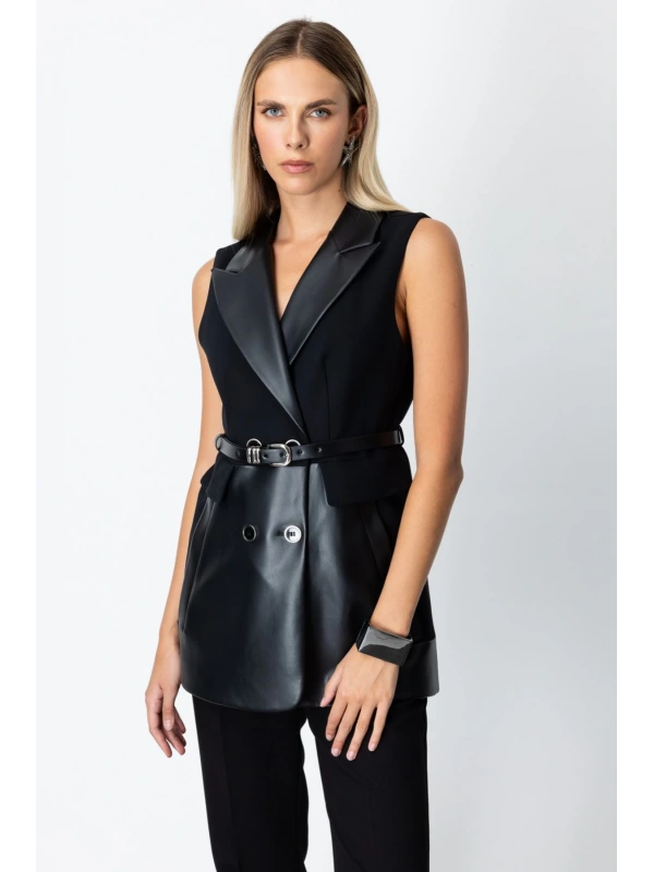 Ekol Kolsuz Deri Deri Detaylı Kadın Siyah Yelek 05089