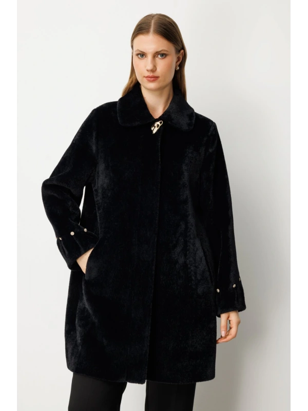 Ekol Kruvaze Yaka Broş Detaylı Siyah Kadın Manto 06331