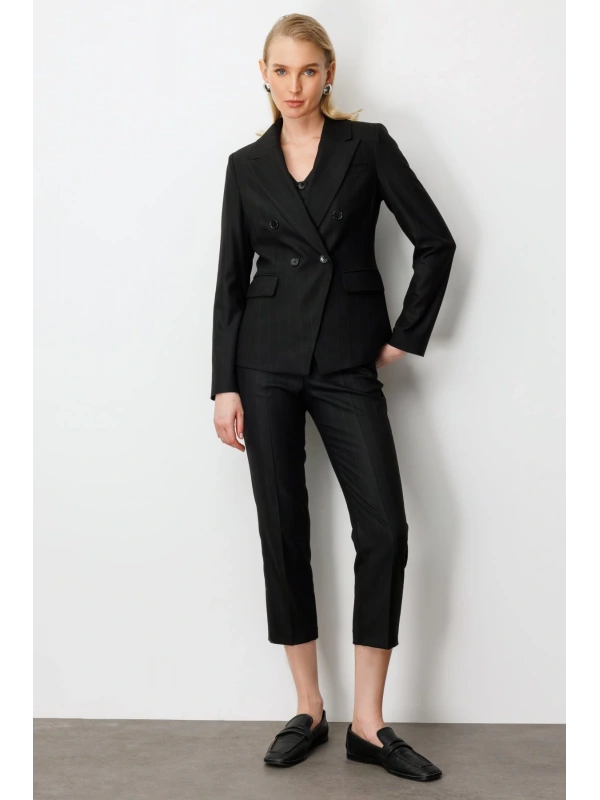 Ekol Kruvaze Yaka Çizgili Siyah Kadın Ceket 05123
