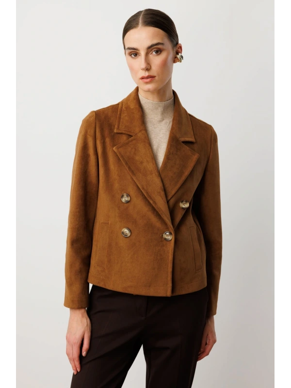 Ekol Kruvaze Yaka Desenli Taba Renk Kadın Mont 08021