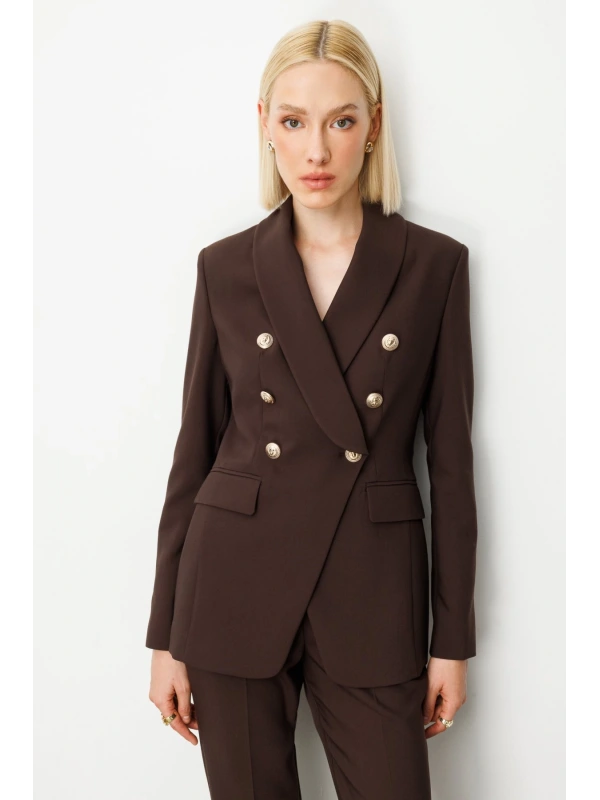 Ekol Kruvaze Yaka Kapak Cepli Kadın Kahverengi Ceket 05013