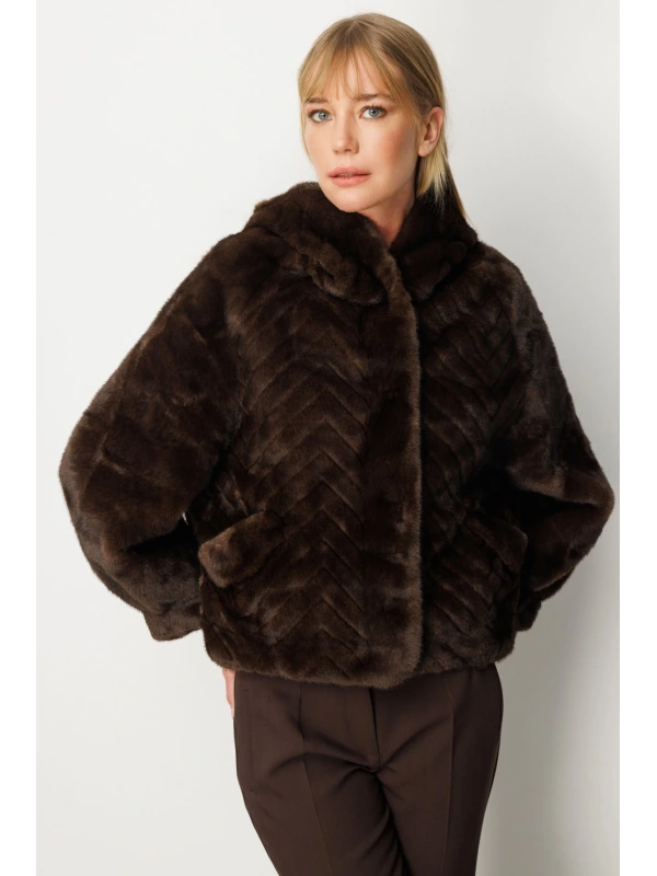 Ekol Kürklü Kahverengi Kadın Peluş Mont 06903
