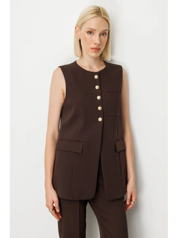 Ekol Önü Düğmeli Kapak Cepli Bordo Kadın Yelek 05007