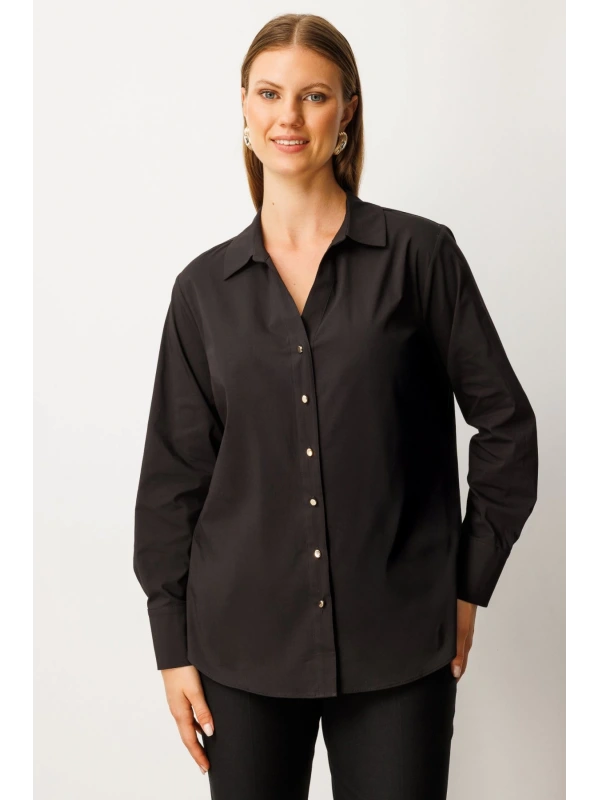 Ekol Önü Düğmeli Polo Yaka Siyah Kadın Gömlek 03549