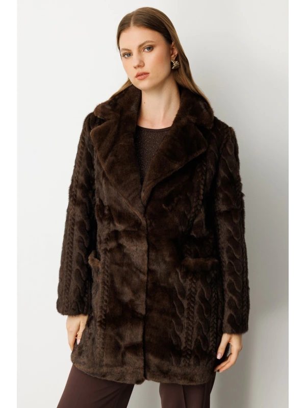 Ekol Büyük Beden Örgü Desenli Kadın Kahverengi Kürk Manto 06961