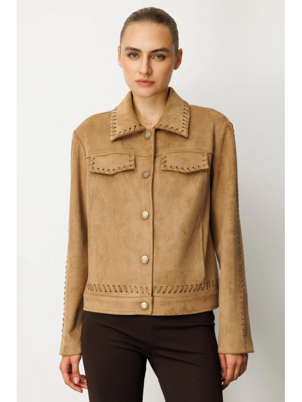 Ekol Örgü Detaylı Suni Süet Vizon Kadın Ceket 08015