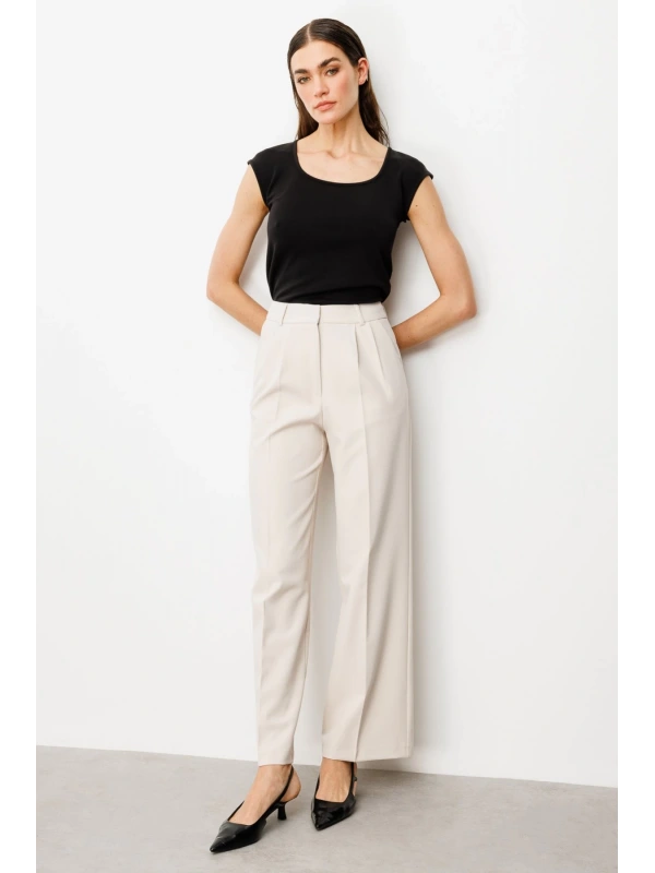 Ekol Pileli Bol Paça Kum Renk Kadın Pantolon 02010