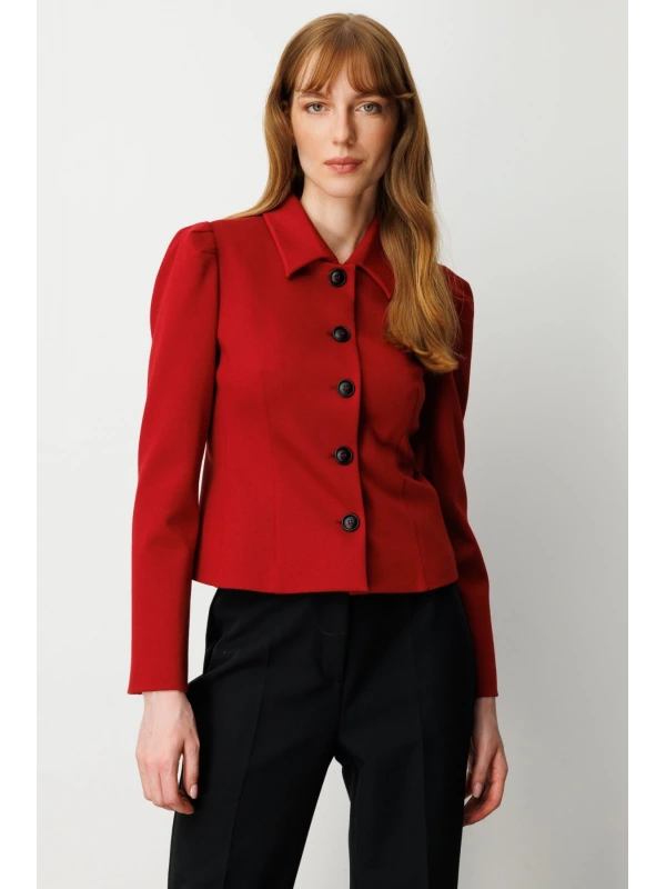 Ekol Polo Yaka Düğmeli Kadın Bordo Ceket 05145