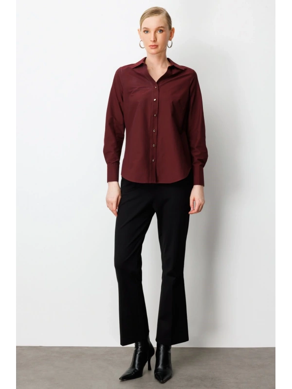 Ekol Polo Yaka Pamuklu Bordo Kadın Bluz 03049