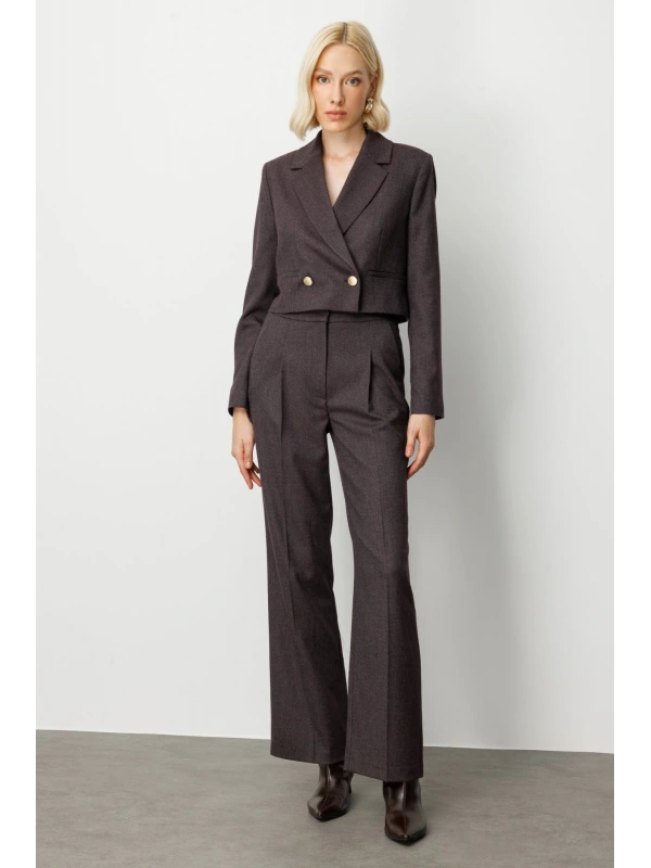 Ekol Simli Kumaş Bordo Kadın Crop Ceket 05169