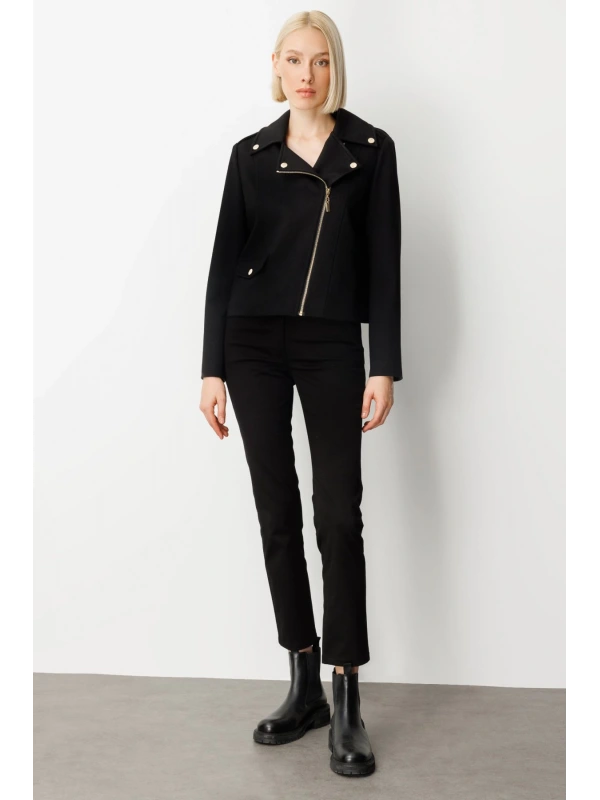 Ekol Simli Kumaş Süs Kapak Cepli Siyah Kadın Mont 08013