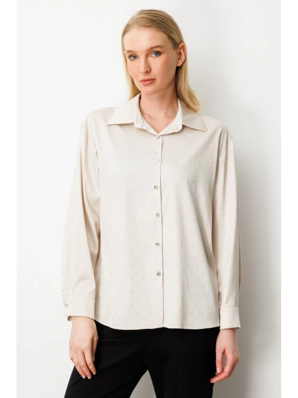 Ekol Taşlı Saten İnci Renk Kadın Gömlek 03003