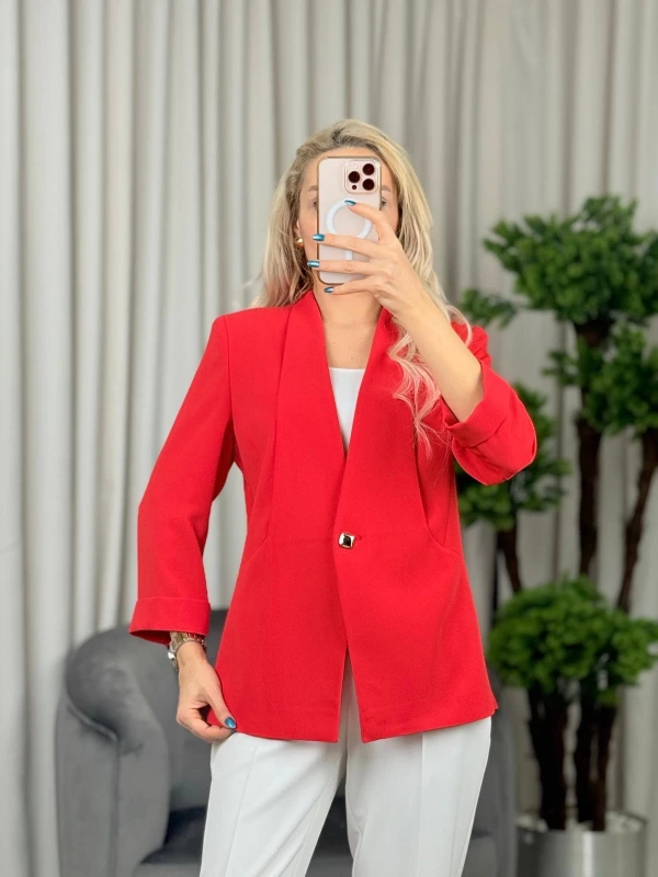 Ekol Kadın Tek Düğmeli Mercan Renk Blazer Ceket 04128