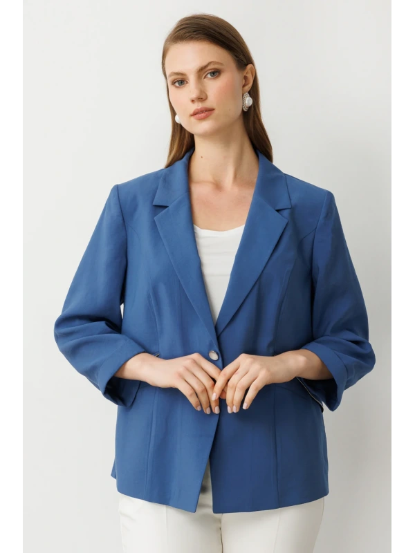 Ekol Büyük Beden Tek Düğmeli İnce Taş Detay Cepli İndigo Mavisi Kadın Gömlek 04544