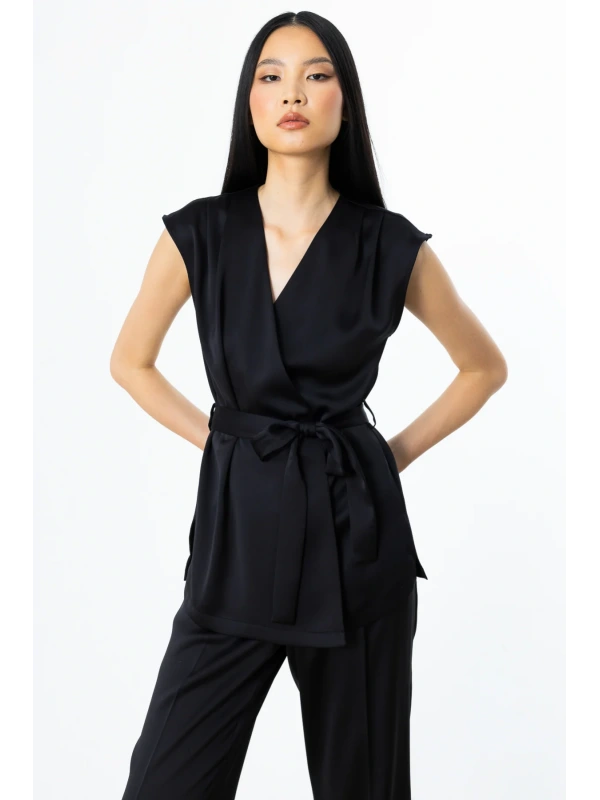 Ekol Tek Düğmeli Kuşaklı Kadın Siyah Yelek 04158
