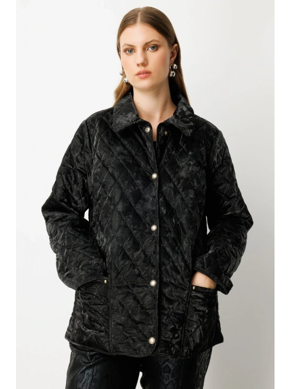 Ekol Büyük Beden Torba Cepli Kapitone Siyah Kadın Mont 06803