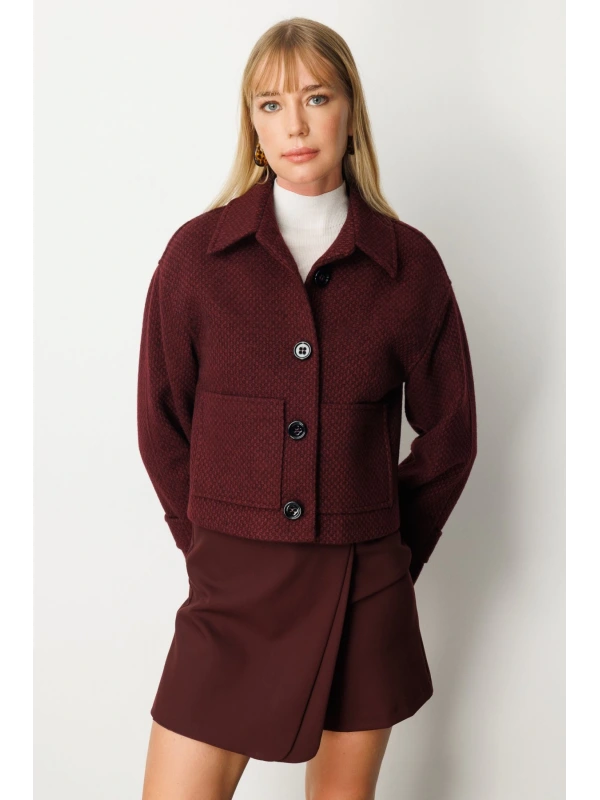 Ekol Torba Cepli Crop Bordo Kadın Manto 06013