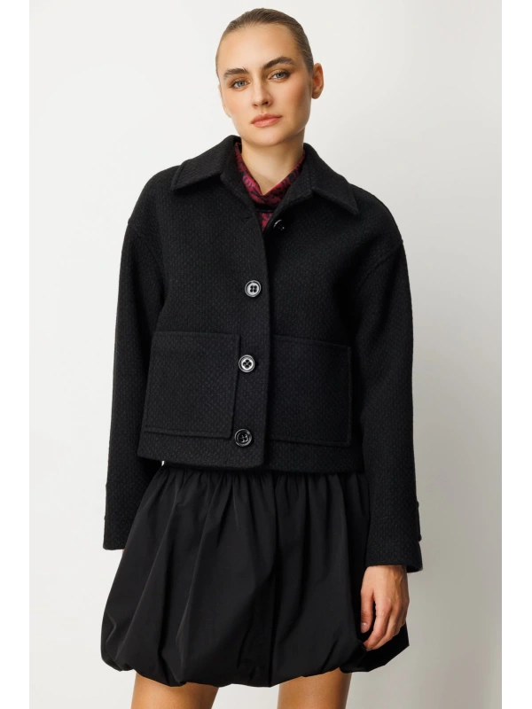 Ekol Torba Cepli Crop Siyah Kadın Manto 06013