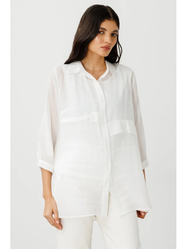 Ekol Transparan İçlikli Ekru Kadın Gömlek 03350
