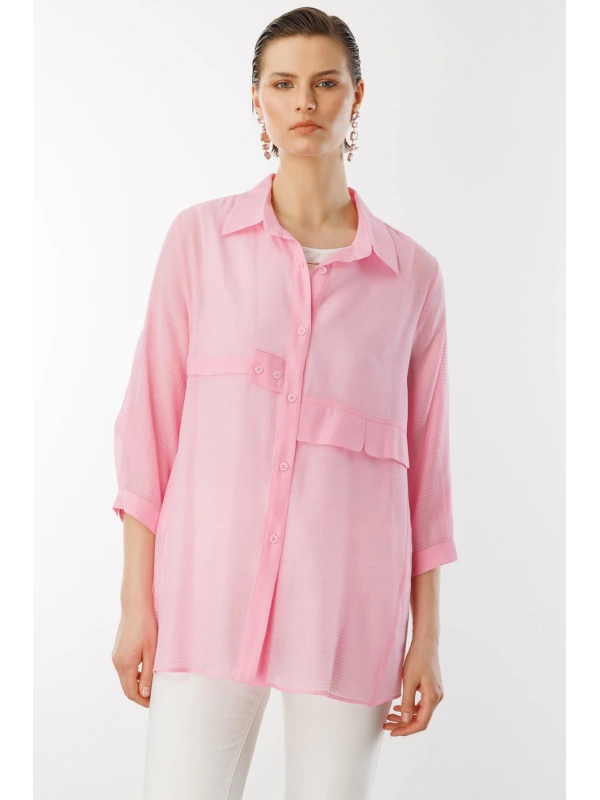 Ekol Transparan İçlikli Pembe Kadın Gömlek 03350