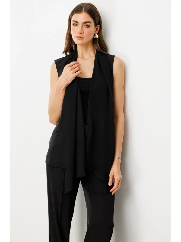 Ekol Tül Şal Yaka Kadın Siyah Yelek 06502